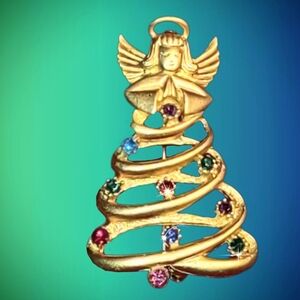 Yellow Gold Angel Crystal Christmas Tree Brooch